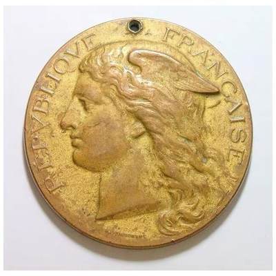 法国1899年 小飞侠女神头像高浮雕大铜章 单面镀金 50MM - 法国1899年 小飞侠女神头像高浮雕大铜章 单面镀金 50MM