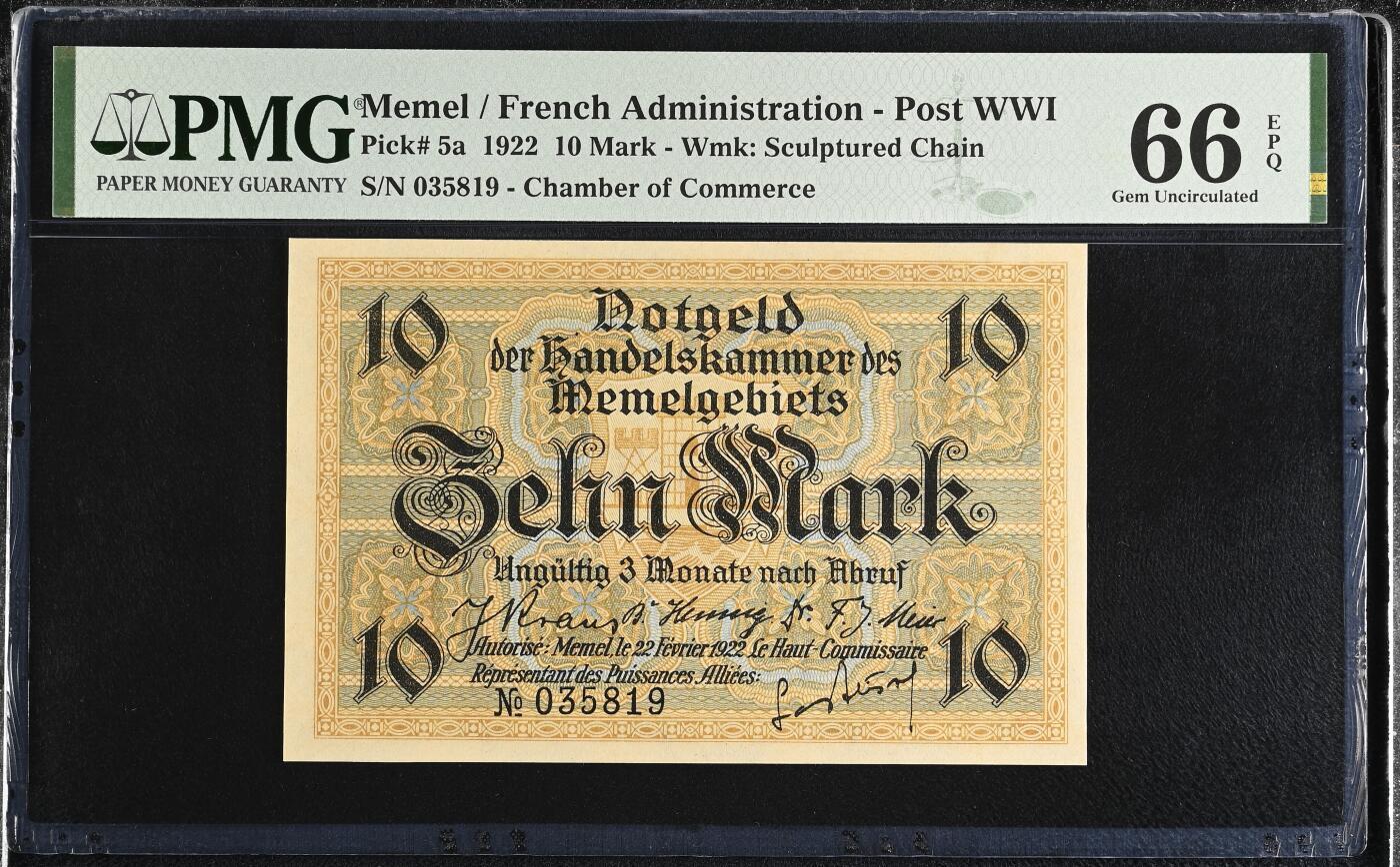 《愛美收藏》第239期-4.5周日外币黄金场  法属梅梅尔1922年10马克PMG66E亚军分 少见品种难上分 历史老票全新品相难得 冠军67分仅4张 海员与灯塔 前普鲁士今立陶宛 Pick#5a