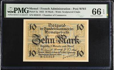 《愛美收藏》第239期-4.5周日外币黄金场  - 法属梅梅尔1922年10马克PMG66E亚军分 少见品种难上分 历史老票全新品相难得 冠军67分仅4张 海员与灯塔 前普鲁士今立陶宛 Pick#5a