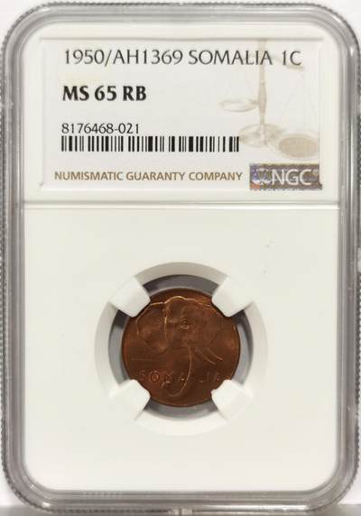 博洋堂世界钱币拍卖第167期（全场包邮） - NGC MS65RB 意托管索马里1950年大象铜币1分铜币，高分原铜光漂亮
