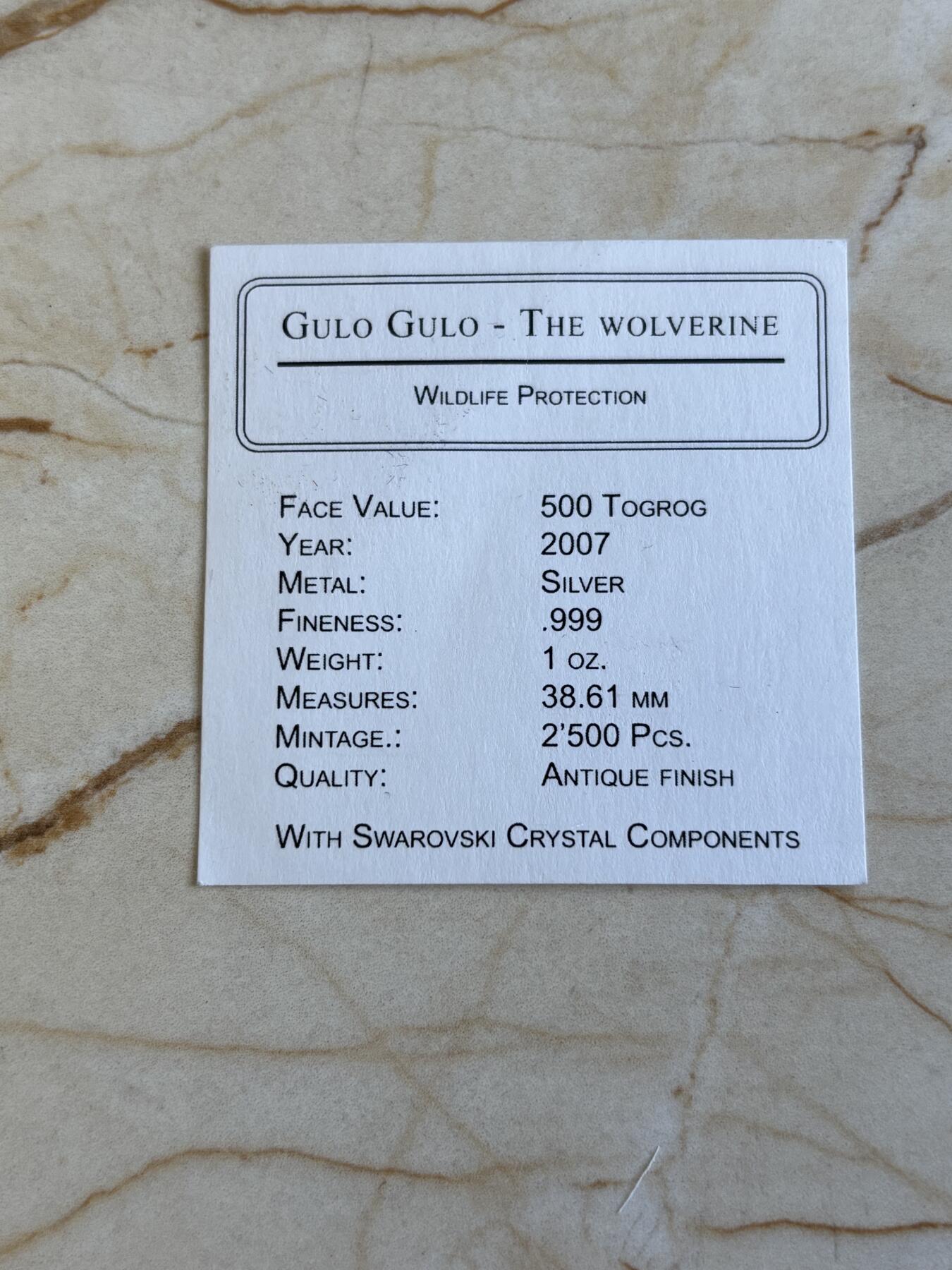 第195期拍卖 获奖蒙古2007年仿古动物狼獾镶水晶银币NGC-MS69带证书，999银，发行2500枚