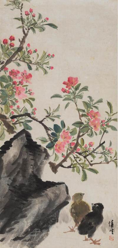 碧月说宝 近现代书画专场（八） - 汪慎生 海棠雏鸡