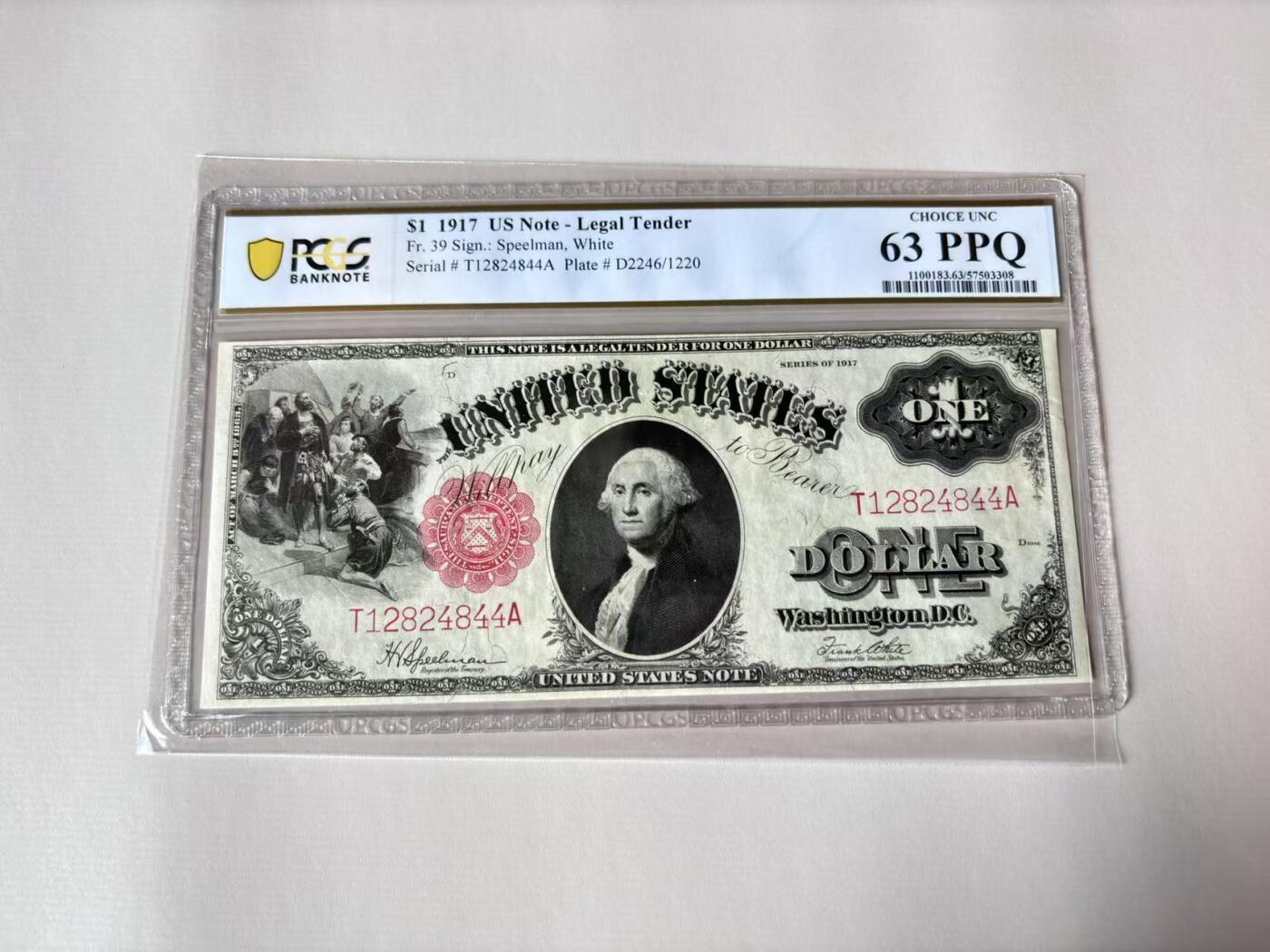 【Blue Auction】世界纸币精拍第803期——18级TOP拍卖/信誉/品质/专业/高效💫 【末签较少见】美国 1917年1美金 大票幅 双面雕刻精美绿钞 征服者登陆 华盛顿头像 PCGS63EPQ全新原票