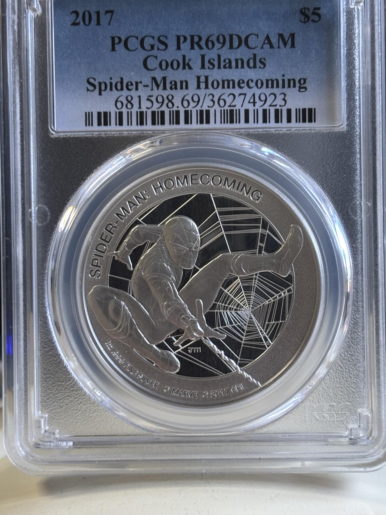 第196期拍卖 库克2017电影蜘蛛侠回归1盎司纪念银币PCGS-PR69，999银，发行5000枚