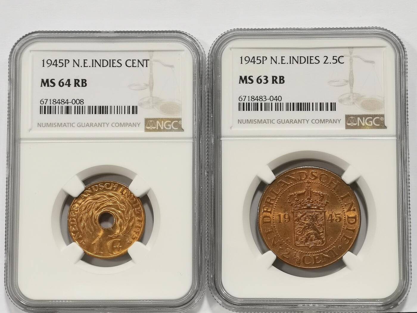 博洋堂世界钱币拍卖第167期（全场包邮） NGC MS64/63RB 荷属东印度1945年1分、2.5分铜币2枚一对