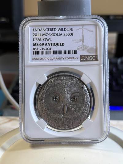 第195期拍卖 - 获奖蒙古2011猫头鹰仿古镶水晶纪念银币NGC-MS69，999银，发行2500枚，