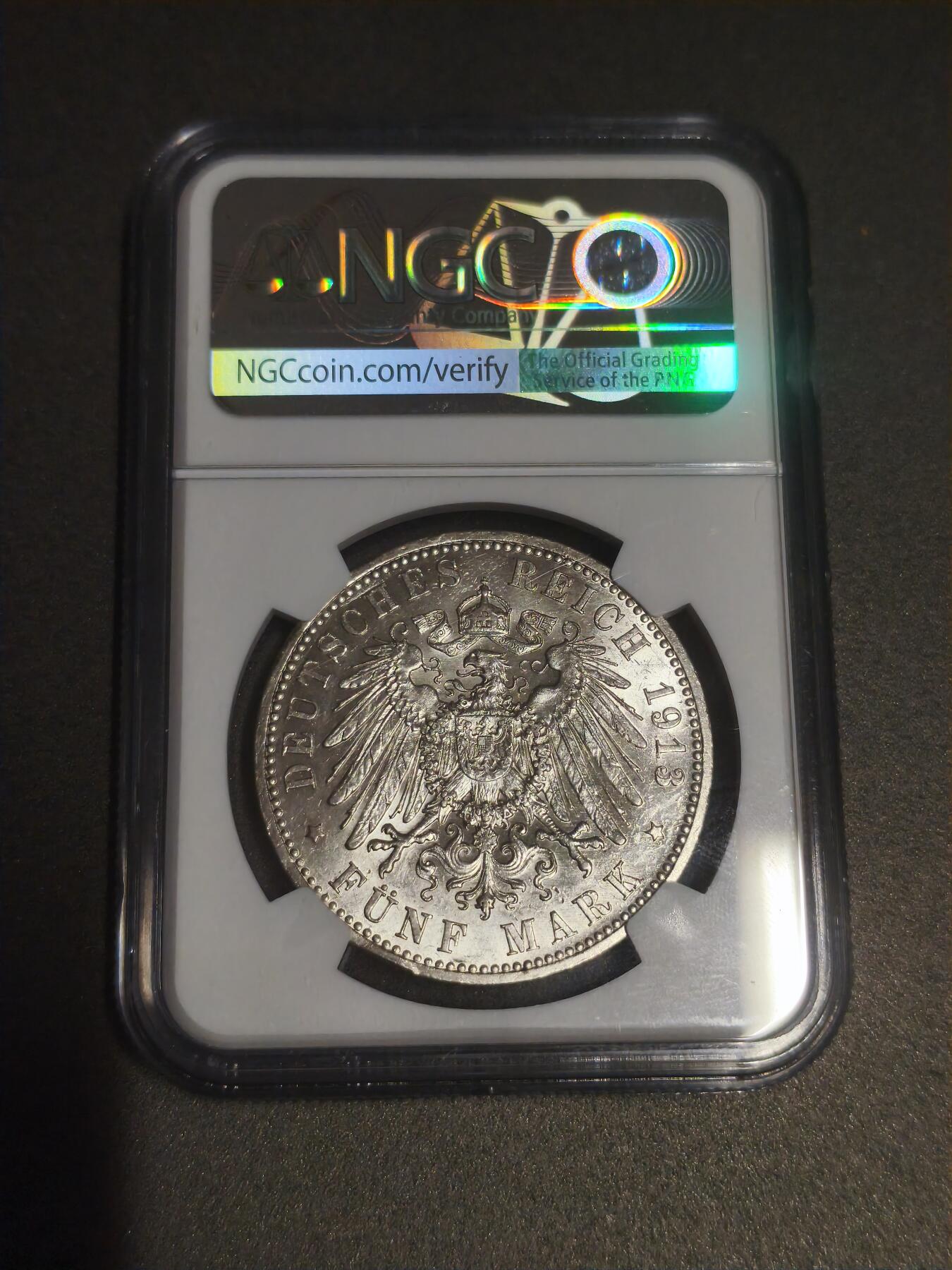 机制币银元拍场 臻品多多 NGC AU58 1913年普鲁士威廉二世5马克银币 帝国鹰徽 原光好品 保真封装