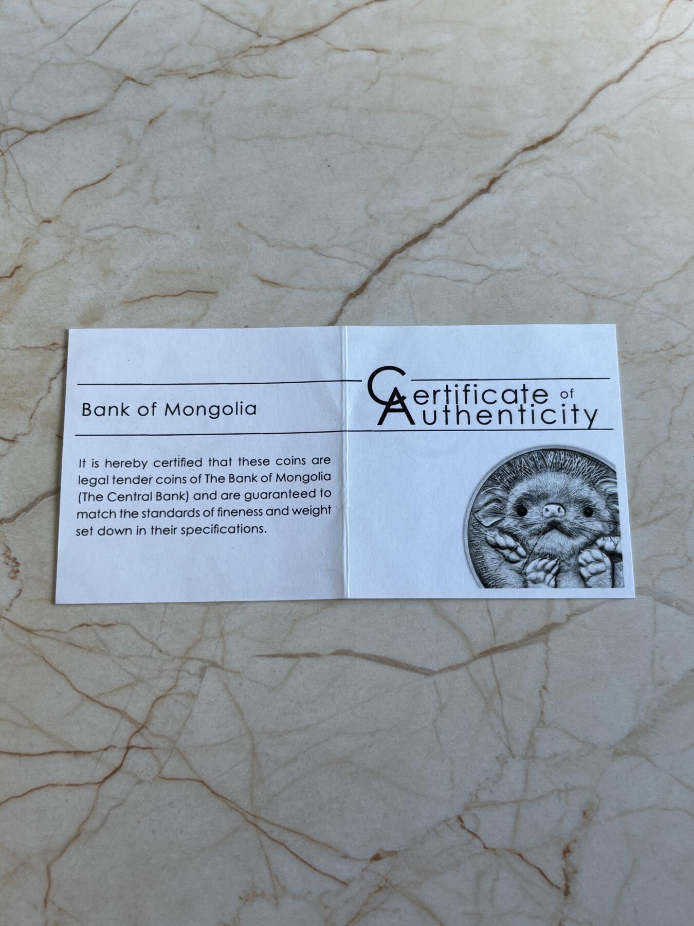 第195期拍卖 蒙古2012年草原动物系列刺猬仿古镶嵌水晶纪念银币NGC-PF68带证书，999银，发行2500枚