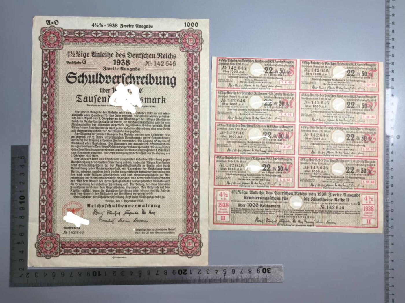 小驴勋章奖章收藏4月4日周六晚六点拍卖（珍爱和平，收藏战争，铭记历史，勿忘国耻，忠党爱国。有偿代拍，送拍规则在简介最后，参拍须阅读规则后再参拍，关系到运费包装发货时效真假辨别等关键信息，拍卖时不再发原图，看大图店主微信码在拍卖店铺介绍里） 1938年1000马克国债债券