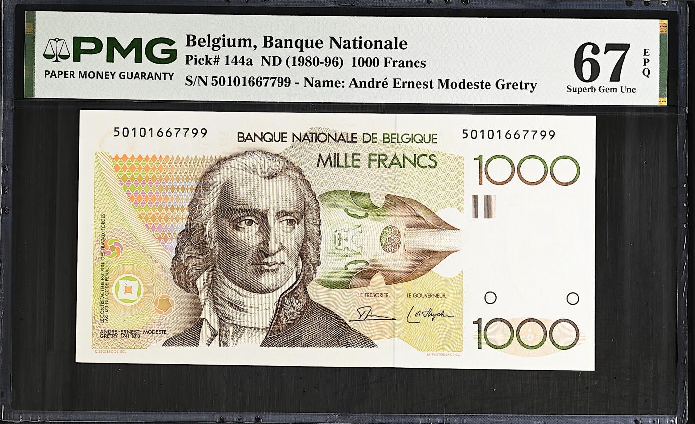 《愛美收藏》第239期-4.5周日外币黄金场  比利时1000法郎 PMG67E 倒二版 比利时作曲家格雷特里 无4双尾
