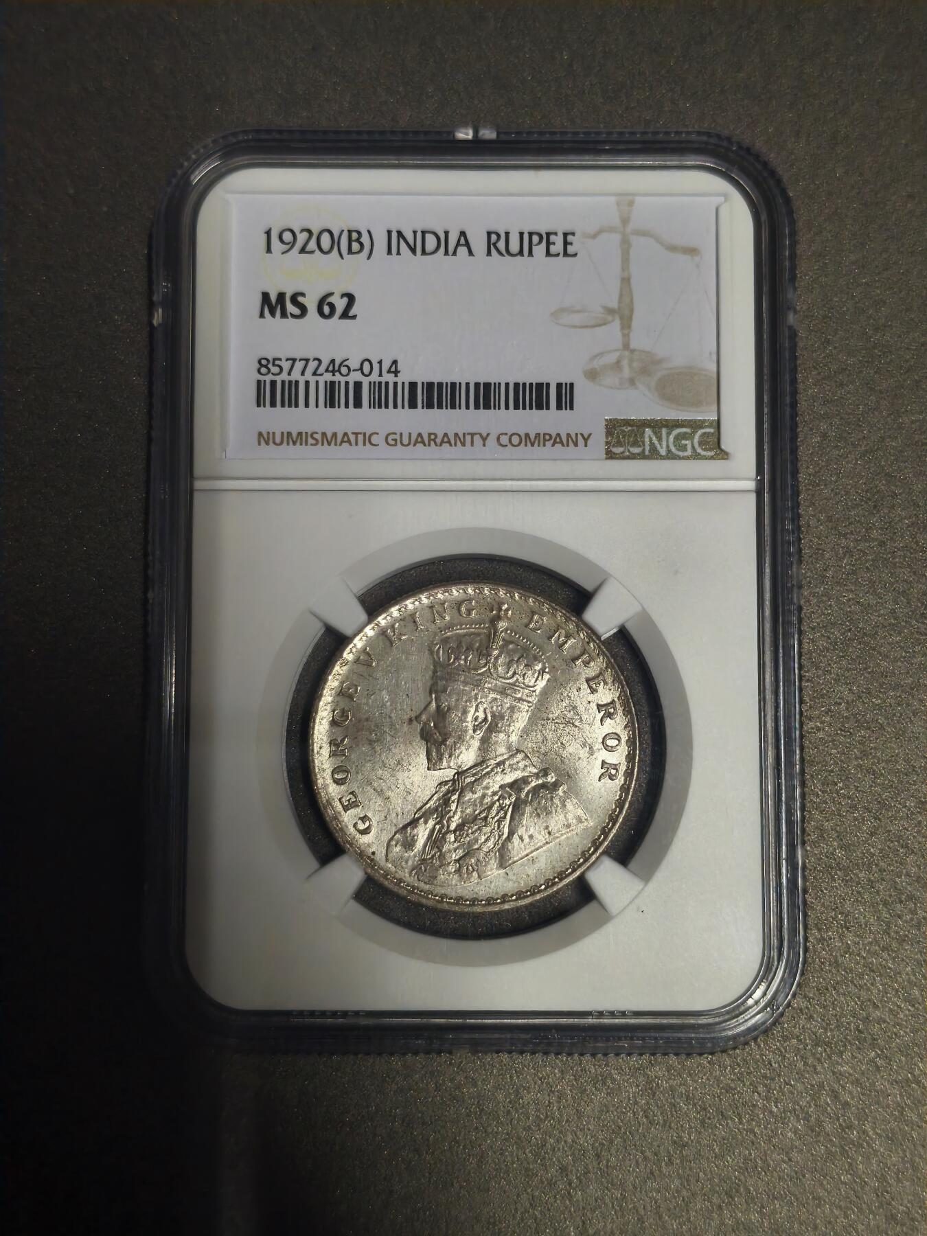 机制币银元拍场 臻品多多 NGC MS62 乔治五世印度卢比 ，少见版别和年份，黄油包浆十分美丽，出分不易