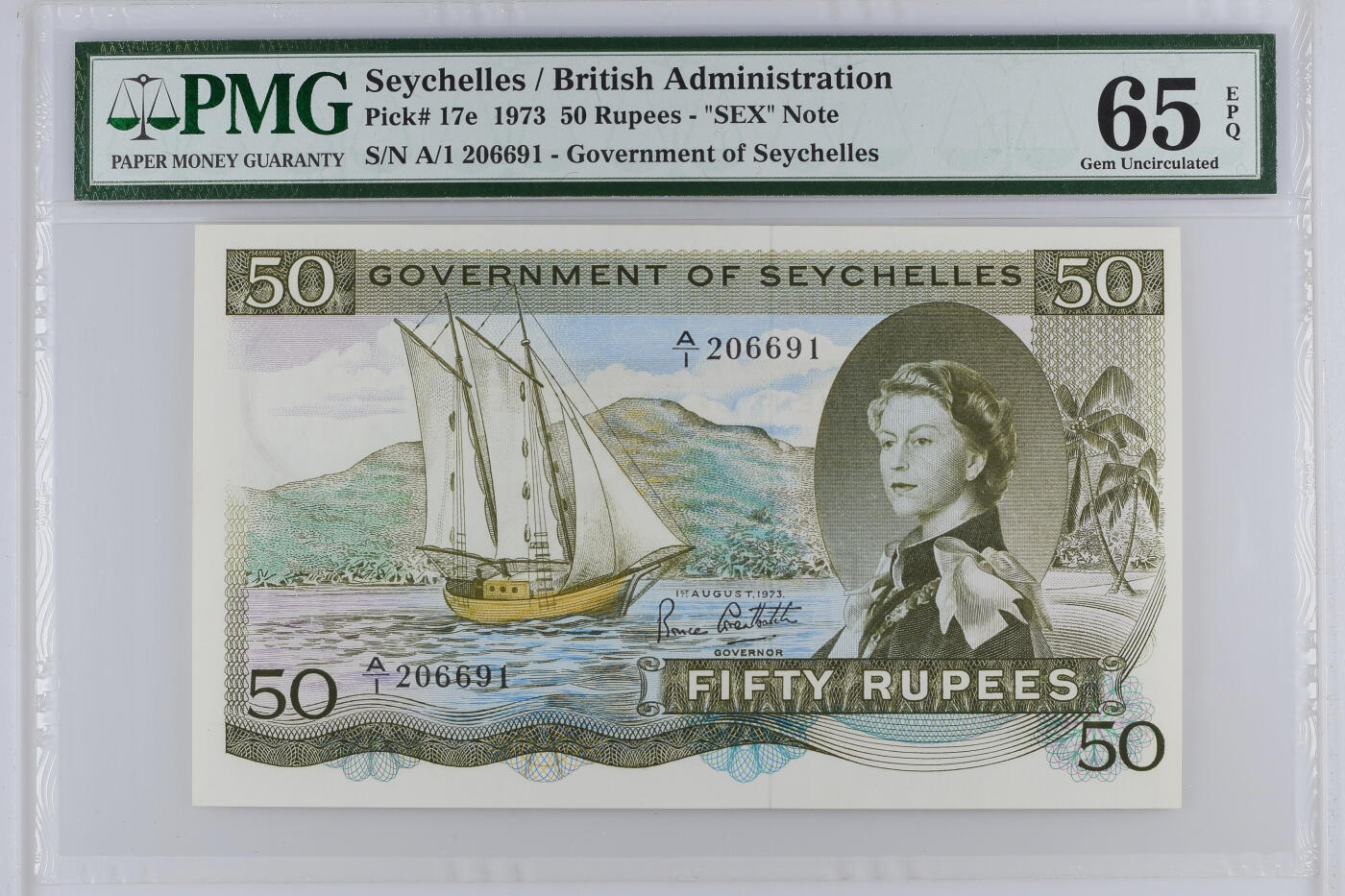 《愛美收藏》第239期-4.5周日外币黄金场  塞舌尔1973年A1冠50卢比PMG65E无3457靓号 纸币全新品相 SEX钞 少见戎装女王 女王钞珍品