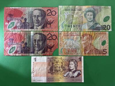 咖啡豆•收藏 2026年Apr_9th世界各国纸币拍卖 - 5枚 澳大利亚/新西兰 品相如图 塑料钞 外国 大洋洲纸币