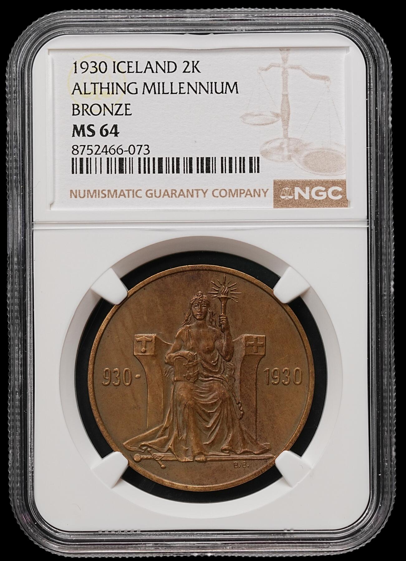修遠堂世界钱币第110期 NGC MS64 1930年冰岛阿尔庭议会千年2克朗纪念币