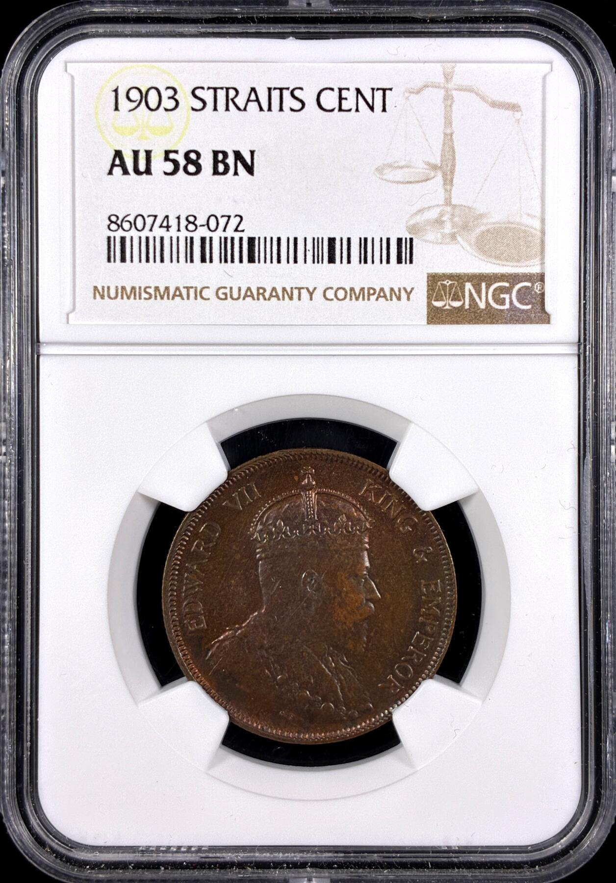 【雨安】【直播拍卖】【第0131期-评级币章】2026-04-04 周六 19:30 (金价1060, 银价18.08)  [评级亚洲] Straits Settlements 英属海峡 1分 1903年 爱德华七世  NGC-AU58