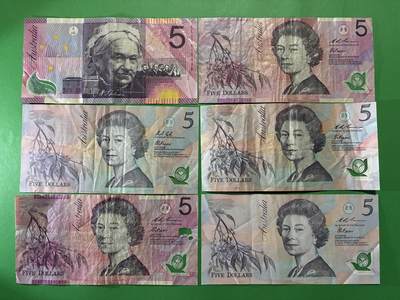 咖啡豆•收藏 2026年Apr_9th世界各国纸币拍卖 - 6枚 澳大利亚 5元 塑料钞 品相如图 外国 大洋洲纸币