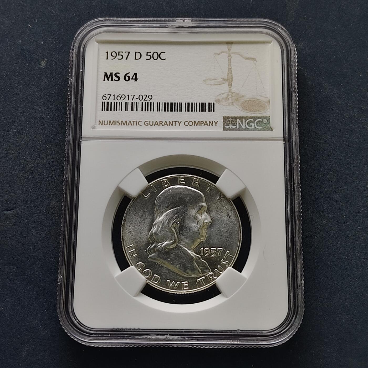 【全场包邮】纯粹捡漏拍519场 美国1957年富兰克林D厂半元银币【31毫米12.5克90%】-NGC MS64