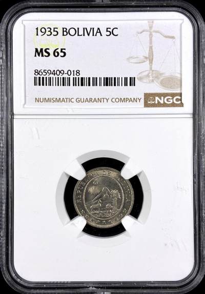 【雨安】【直播拍卖】【第0131期-评级币章】2026-04-04 周六 19:30 (金价1060, 银价18.08)  - [评级美洲] Bolivia 玻利维亚 5分 1935年  NGC-MS65
