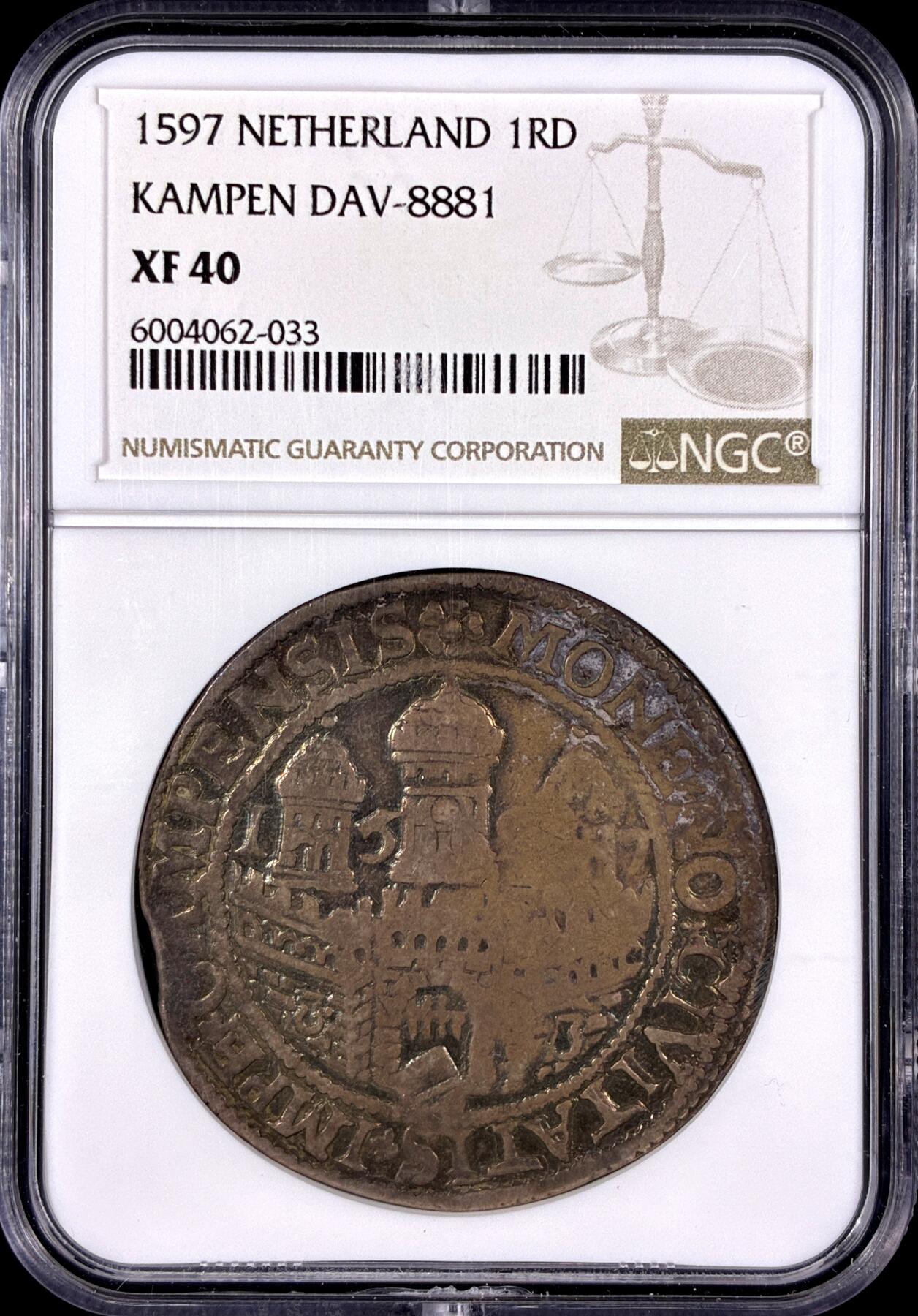 【雨安】【直播拍卖】【第0131期-评级币章】2026-04-04 周六 19:30 (金价1060, 银价18.08)  [评级欧洲] Netherlands 荷兰 共和国 Kampen坎彭 泰勒 1597年  NGC-XF40 少见城市建筑泰勒, 难得的16世纪大银币