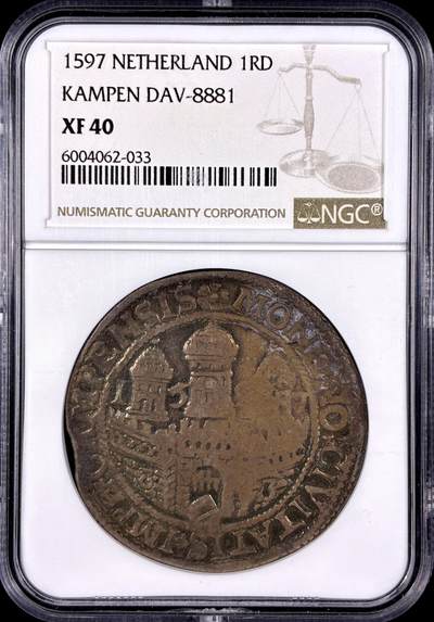 【雨安】【直播拍卖】【第0131期-评级币章】2026-04-18 周六 19:30 (金价1060, 银价18.08)  - [评级欧洲] Netherlands 荷兰 共和国 Kampen坎彭 泰勒 1597年  NGC-XF40 少见城市建筑泰勒, 难得的16世纪大银币