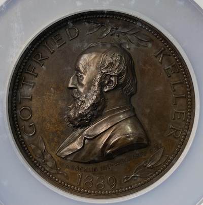 万国钱币拍卖第064期 - NGC MS63BN 1889年瑞士诗人戈特弗里德·凯勒70岁生日大铜章 安东·沙夫名作之一 70mm 160.02G巨物 阿波罗之子奥菲俄耳甫斯坐在右侧岩石上 在三只狮子和一只兔子中间弹奏七弦琴 相传其音乐能令顽石起舞 猛兽驯服