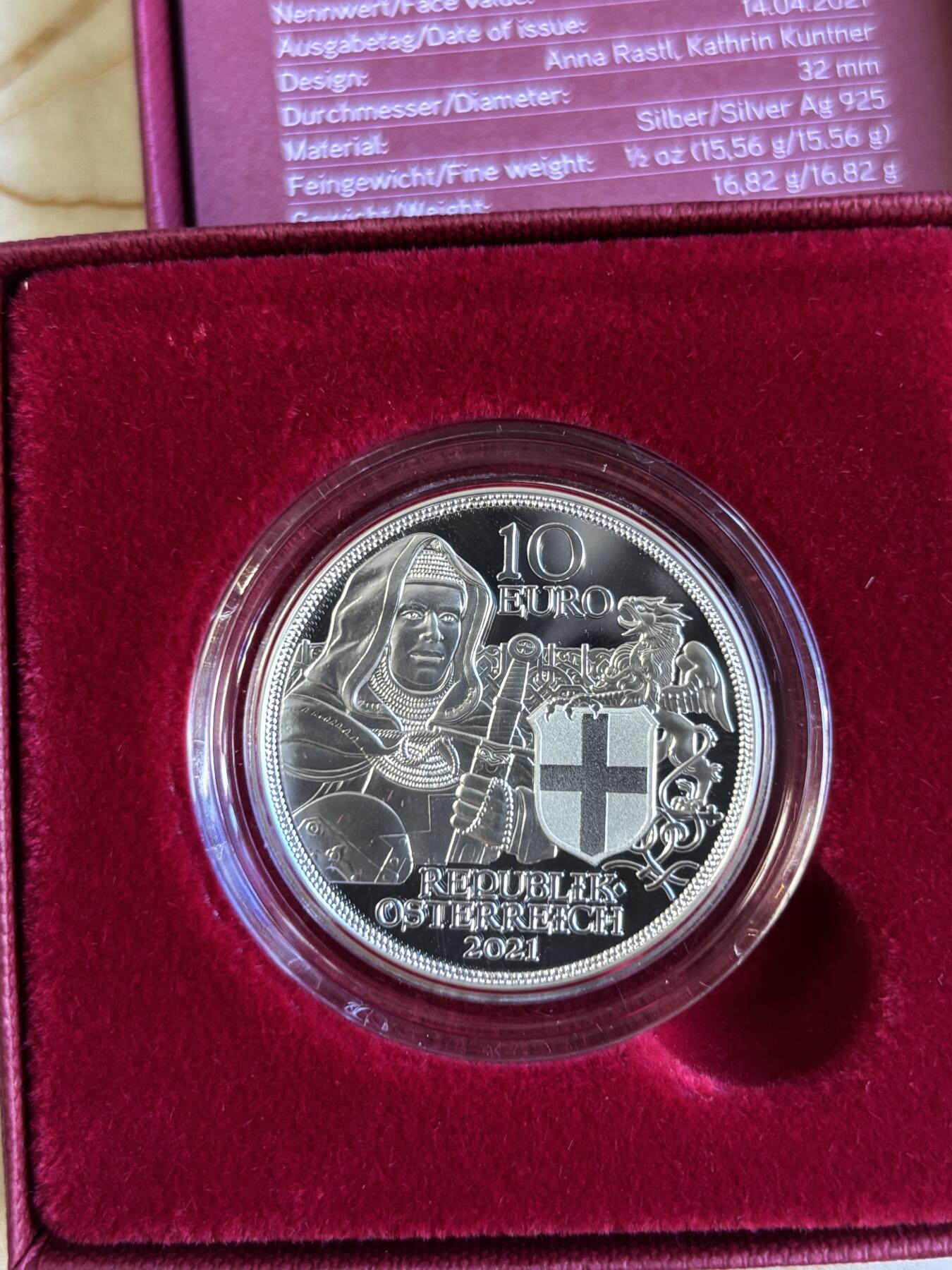 第196期拍卖 奥地利2021年骑士传说系列5兄弟友情精制纪念银币，925银，16.82克，发行30000枚