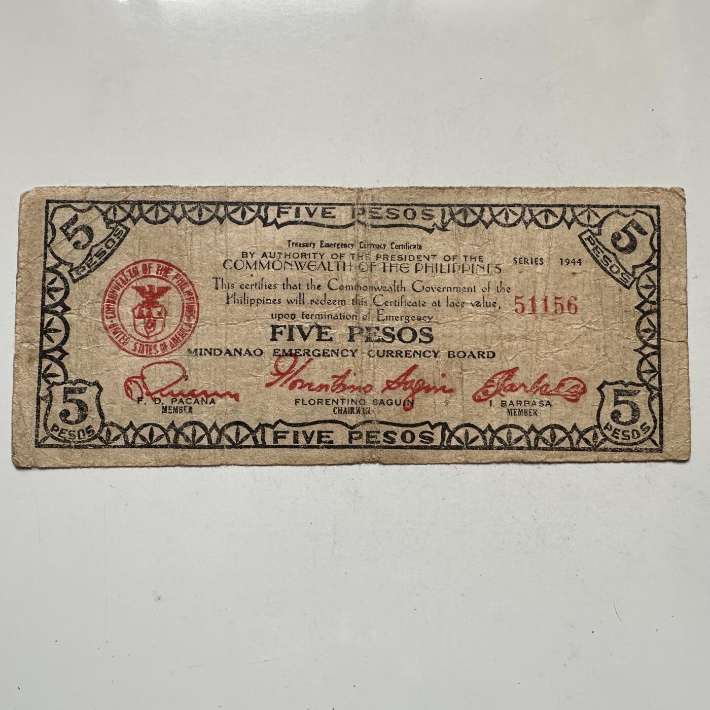 🌹外币初藏🌹🐯2026年第37场   每周二四六晚8️⃣点 接代拍 菲律宾 1944年 棉兰老岛  5比索 二战紧急流通券