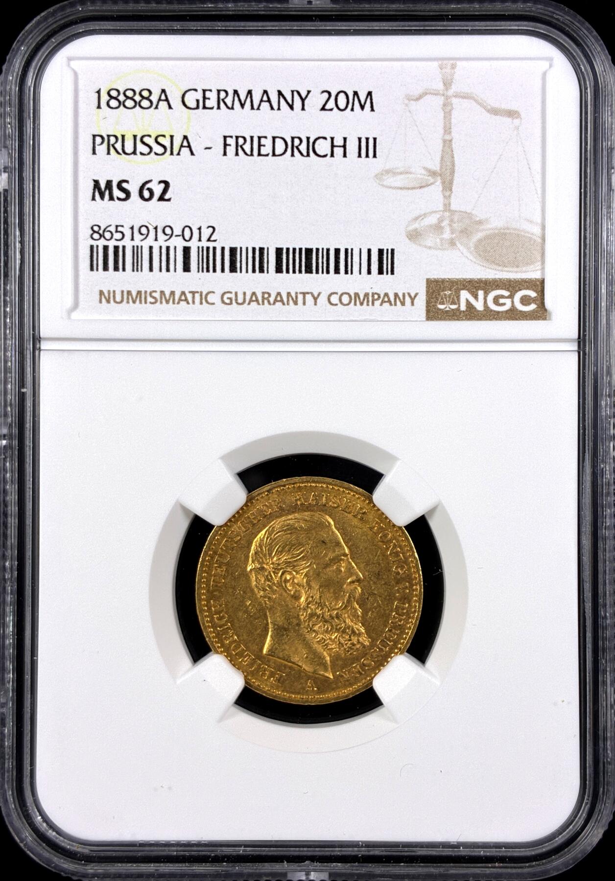 【雨安】【直播拍卖】【第0131期-评级币章】2026-04-04 周六 19:30 (金价1060, 银价18.08)  [评级金铂] Germany [金币] 德国 帝国 J.248 Prussia普鲁士 20马克 (1888) 三皇  NGC-MS62