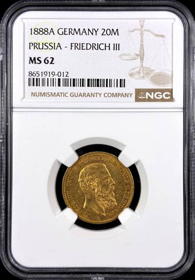 【雨安】【直播拍卖】【第0131期-评级币章】2026-04-04 周六 19:30 (金价1060, 银价18.08)  - [评级金铂] Germany [金币] 德国 帝国 J.248 Prussia普鲁士 20马克 (1888) 三皇  NGC-MS62