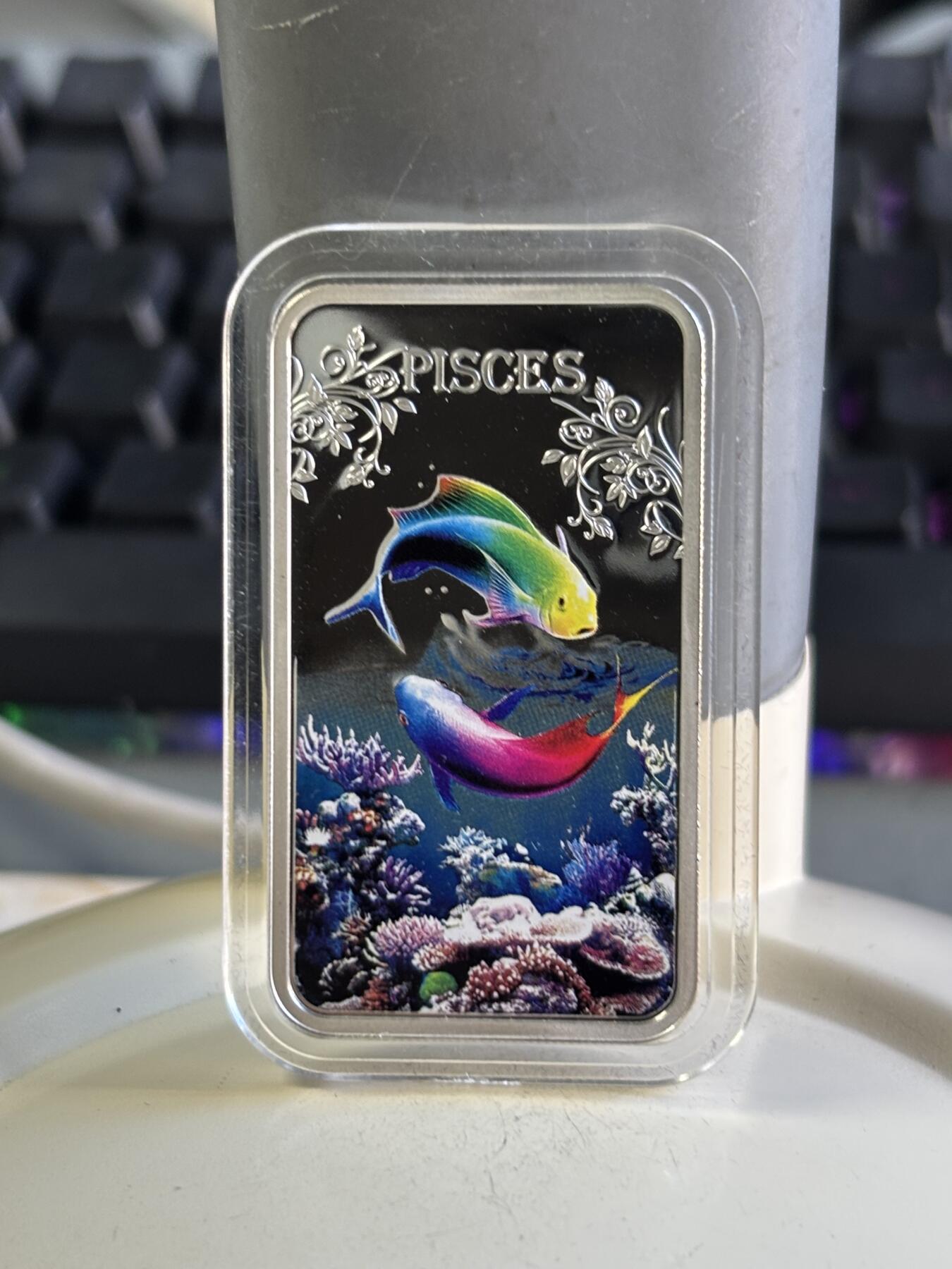 第196期拍卖 库克2014十二星座系列双鱼座彩色长方形精制银币20克，999银，发行5000枚