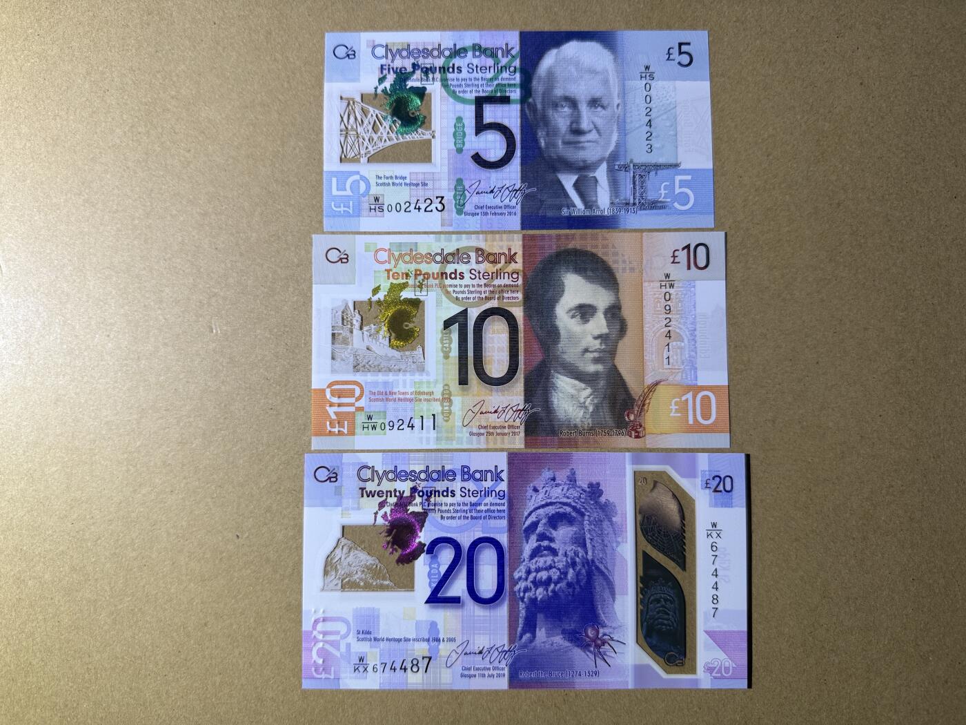 《愛美收藏》第239期-4.5周日外币黄金场  苏格兰5、10、20镑3张 UNC 克莱斯戴尔银行塑料钞