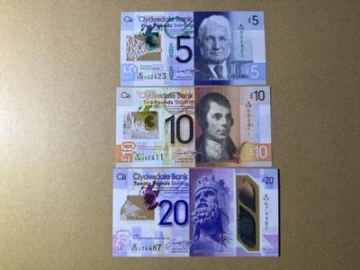 《愛美收藏》第239期-4.5周日外币黄金场  - 苏格兰5、10、20镑3张 UNC 克莱斯戴尔银行塑料钞