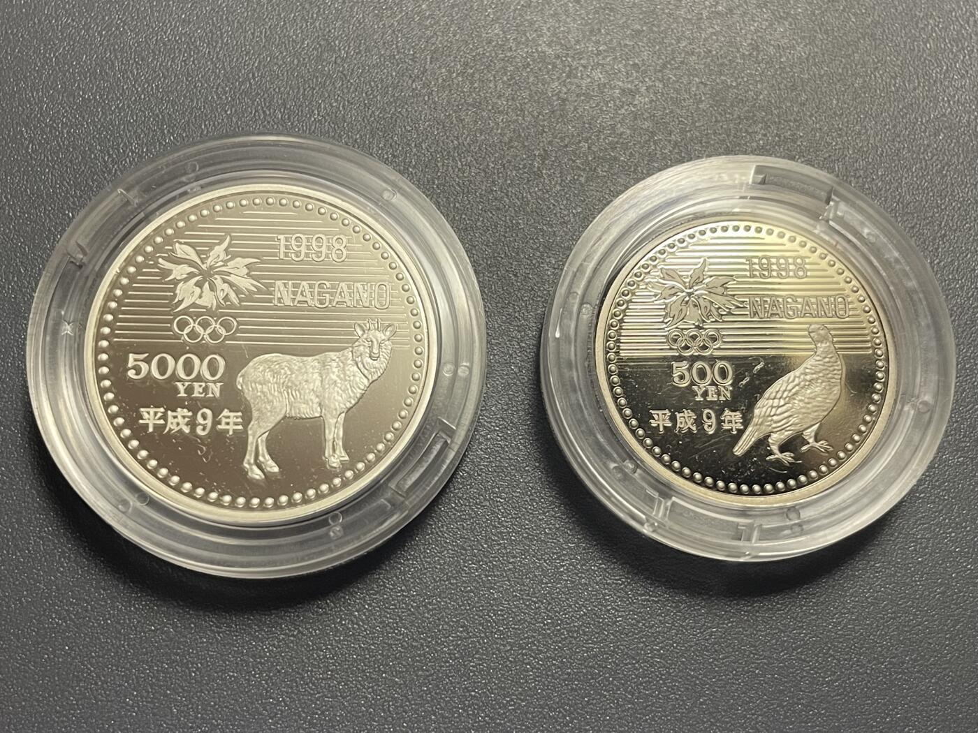 回流0405 长野奥林匹克冬季竞技大会纪念货币 平成9年（1997年）版 2枚精制币（proof）原盒套装