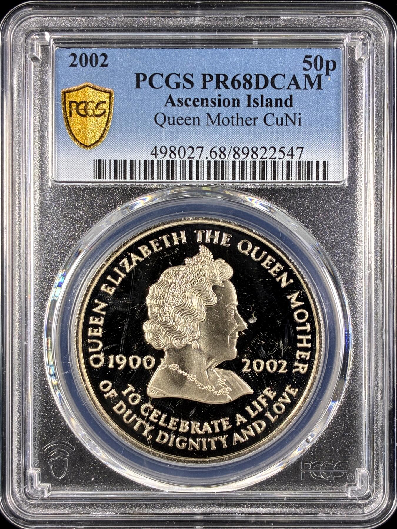 【雨安】【直播拍卖】【第0131期-评级币章】2026-04-04 周六 19:30 (金价1060, 银价18.08)  [评级现代] Ascension Island 阿森松岛 50便士 2002年 王太后 PCGS-PR68DCAM 精制币