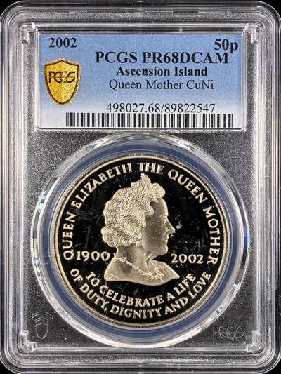 【雨安】【直播拍卖】【第0131期-评级币章】2026-04-04 周六 19:30 (金价1060, 银价18.08)  - [评级现代] Ascension Island 阿森松岛 50便士 2002年 王太后 PCGS-PR68DCAM 精制币
