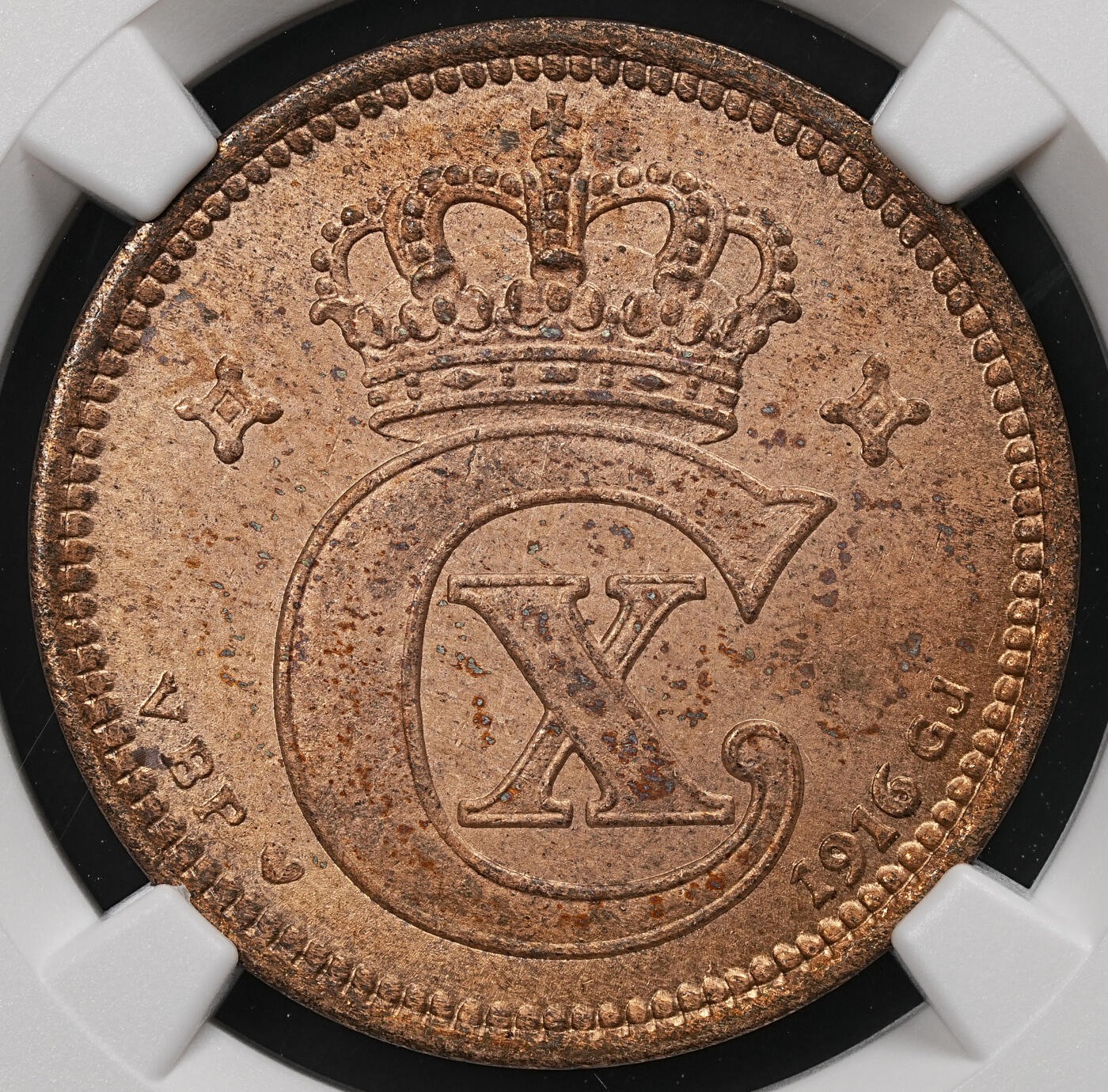 修遠堂世界钱币第110期 NGC MS64RB 1916年丹麦5欧尔铜币 较少见年份 铸造量只有80多万枚