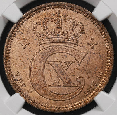 修遠堂世界钱币第110期 - NGC MS64RB 1916年丹麦5欧尔铜币 较少见年份 铸造量只有80多万枚