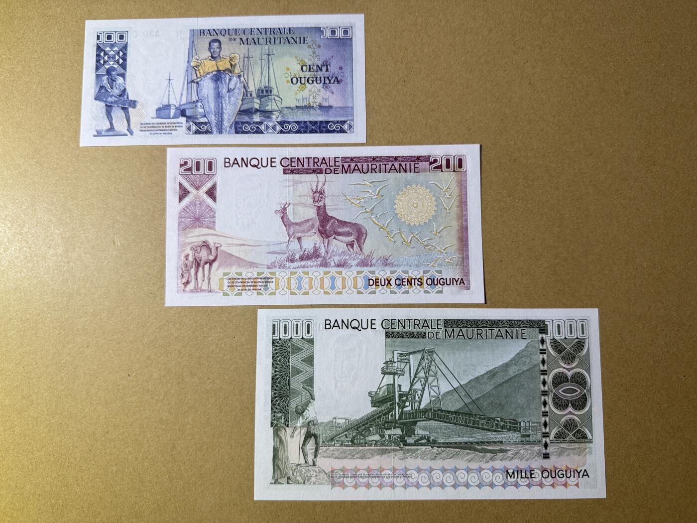 《愛美收藏》第239期-4.5周日外币黄金场  毛里塔尼亚100、200、1000乌吉亚3张 UNC 1977年版 三张无47全同号尾8