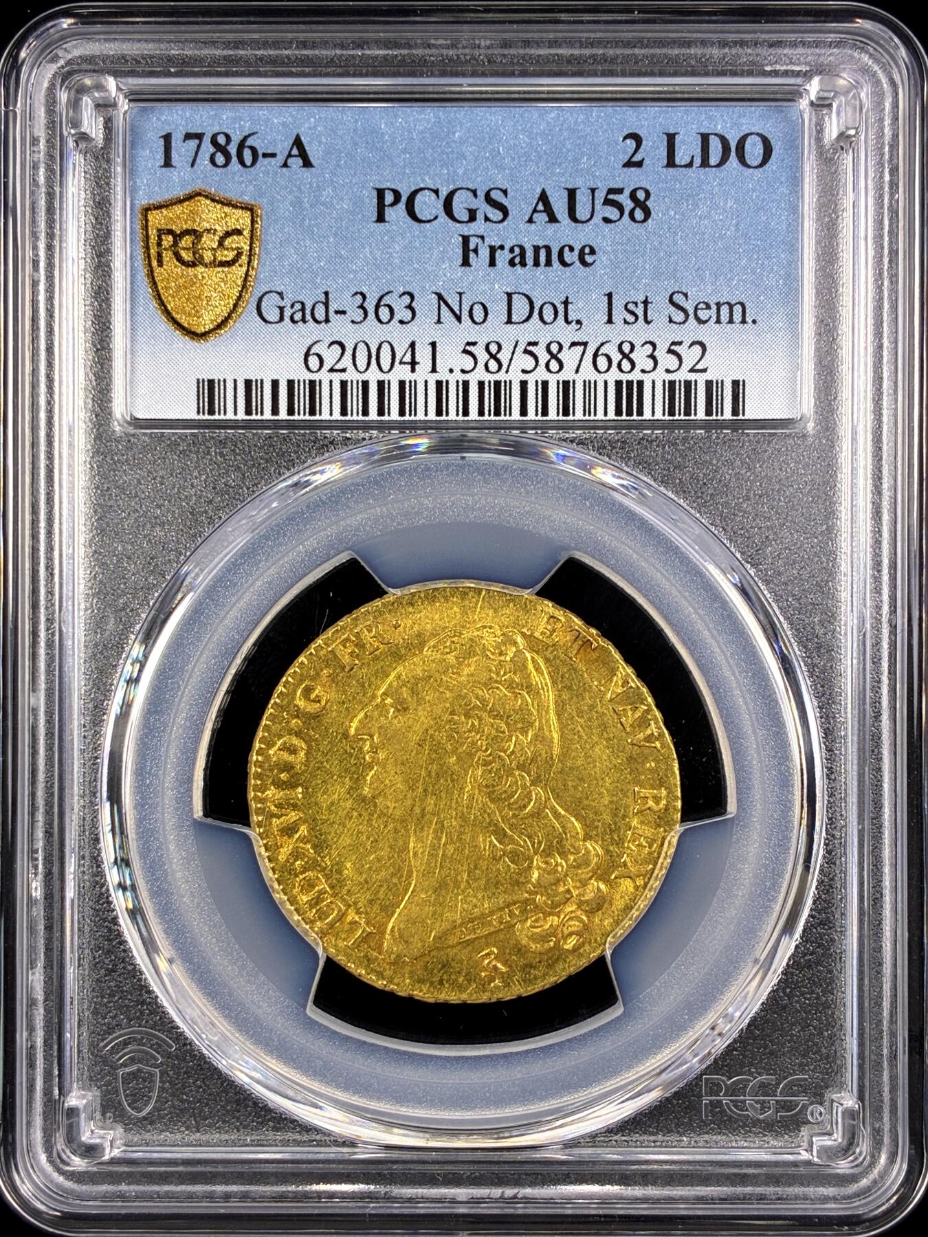 【雨安】【直播拍卖】【第0131期-评级币章】2026-04-04 周六 19:30 (金价1060, 银价18.08)  [评级金铂] France [金币] 法国 2路易金 1786年 路易十六  PCGS-AU58 底板干净, 底光光感强, 严评