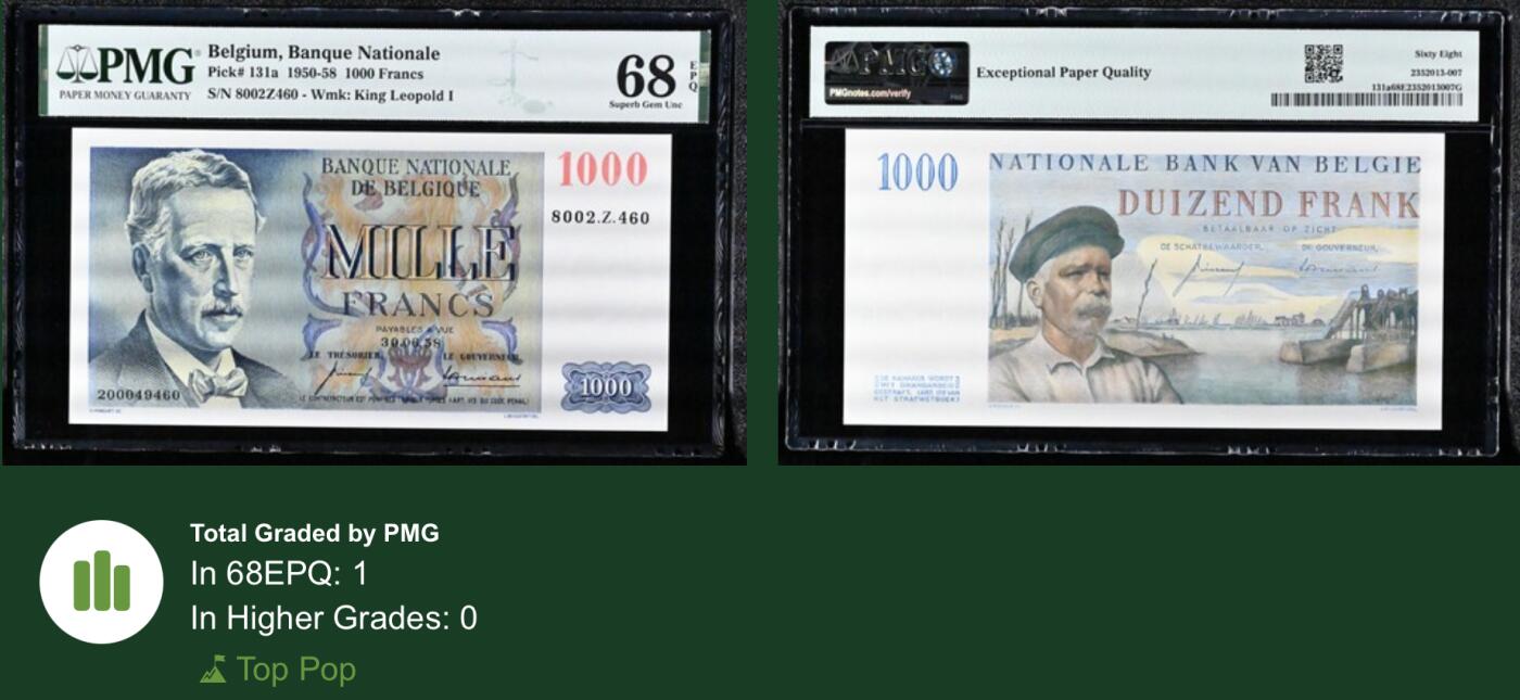 《愛美收藏》第239期-4.5周日外币黄金场  比利时1000法郎 PMG68E 1958年