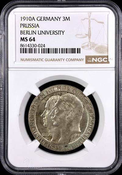 【雨安】【直播拍卖】【第0131期-评级币章】2026-04-04 周六 19:30 (金价1060, 银价18.08)  - [评级德国] Germany 德国 帝国 J.107 普鲁士 3马克 (1910) 柏林大学 1910年  NGC-MS64