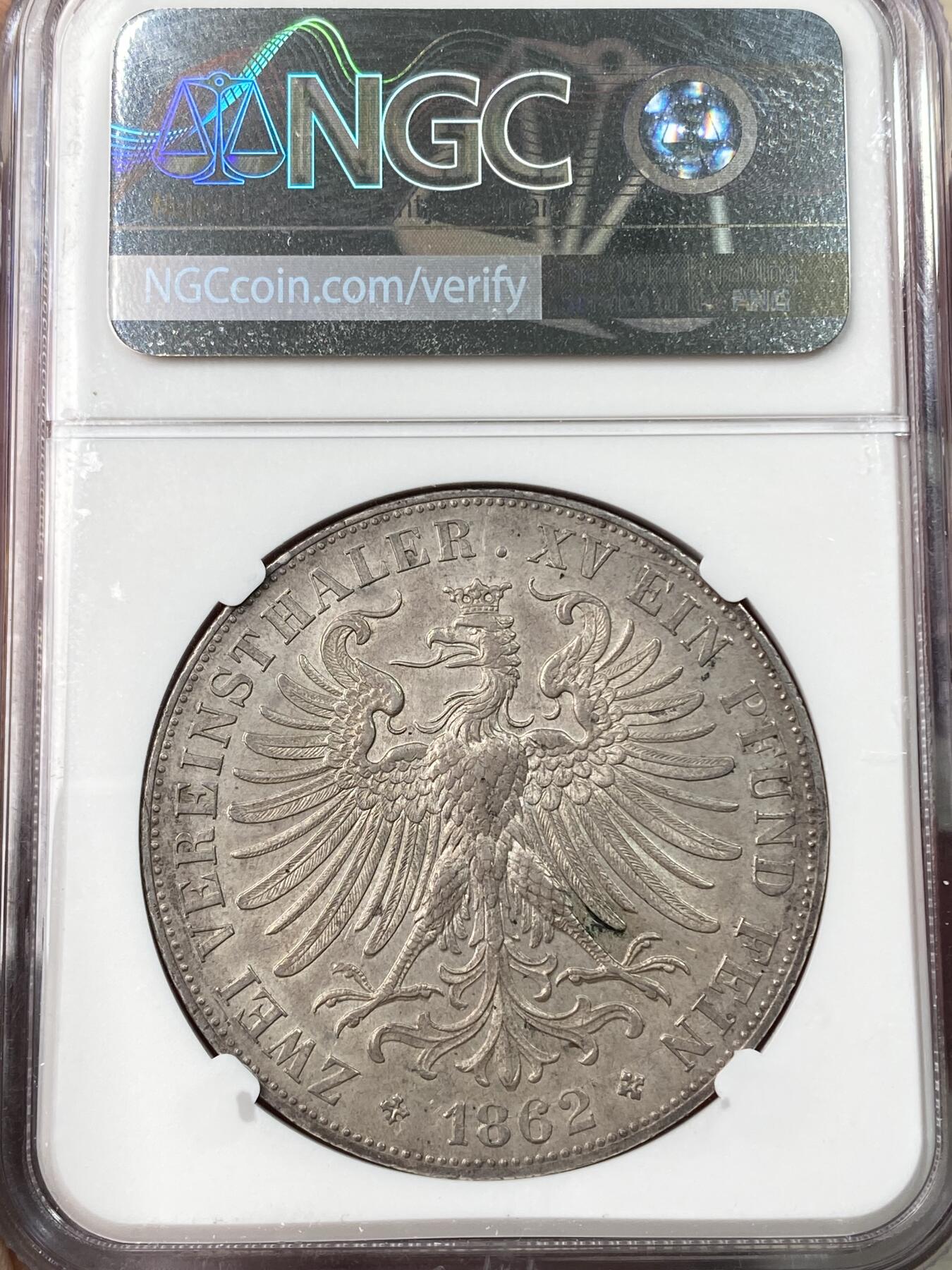 万国钱币拍卖第064期 NGC AU58 1862年德国法兰克福少女2泰勒 原味欧陆淡彩环绕状态舒适