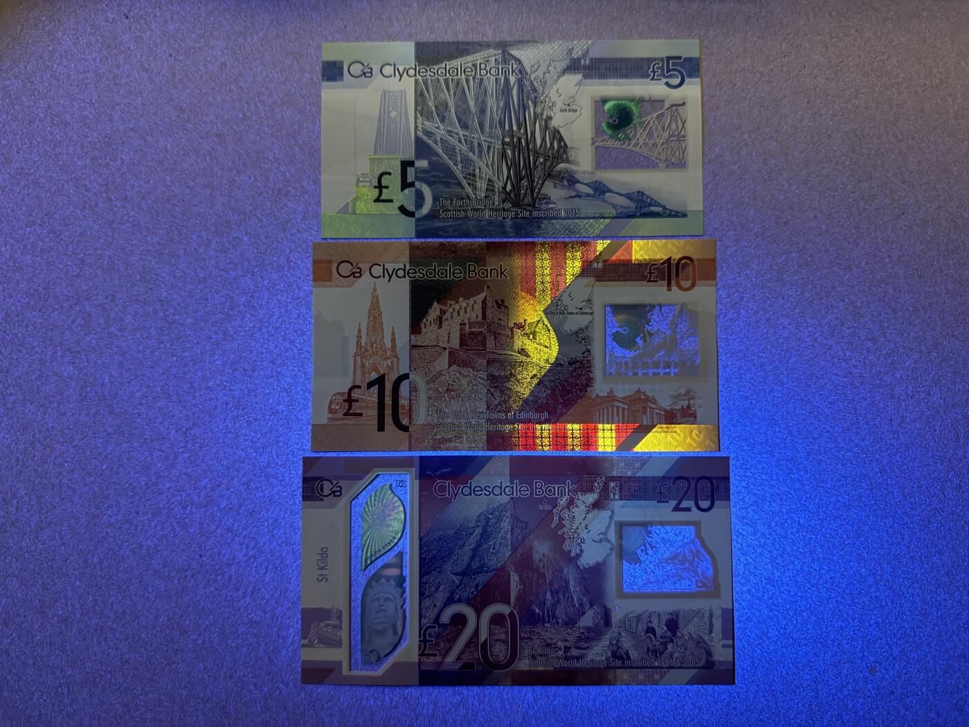 《愛美收藏》第239期-4.5周日外币黄金场  苏格兰5、10、20镑3张 UNC 克莱斯戴尔银行塑料钞