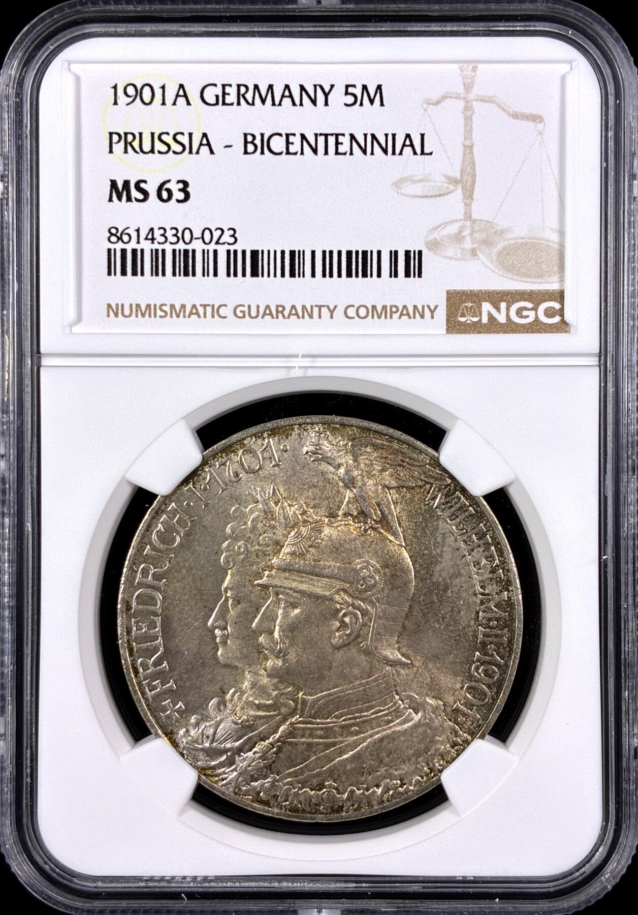 【雨安】【直播拍卖】【第0131期-评级币章】2026-04-04 周六 19:30 (金价1060, 银价18.08)  [评级德国] Germany 德国 帝国 J.106 普鲁士 5马克 (1901) 建国 1901年  NGC-MS63