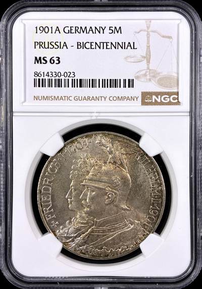 【雨安】【直播拍卖】【第0131期-评级币章】2026-04-04 周六 19:30 (金价1060, 银价18.08)  - [评级德国] Germany 德国 帝国 J.106 普鲁士 5马克 (1901) 建国 1901年  NGC-MS63