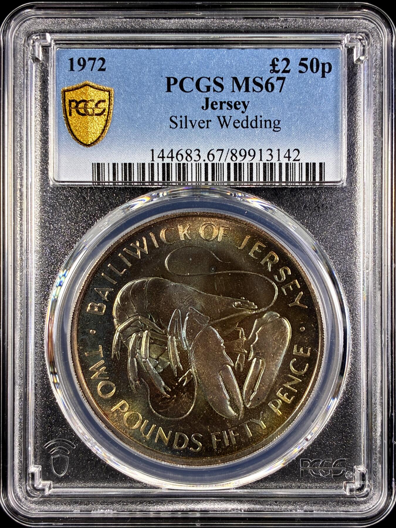 【雨安】【直播拍卖】【第0131期-评级币章】2026-04-04 周六 19:30 (金价1060, 银价18.08)  [评级现代] Jersey 泽西 2镑50便士 1972年 银婚  PCGS-MS67