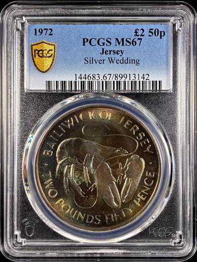 【雨安】【直播拍卖】【第0131期-评级币章】2026-04-04 周六 19:30 (金价1060, 银价18.08)  - [评级现代] Jersey 泽西 2镑50便士 1972年 银婚  PCGS-MS67