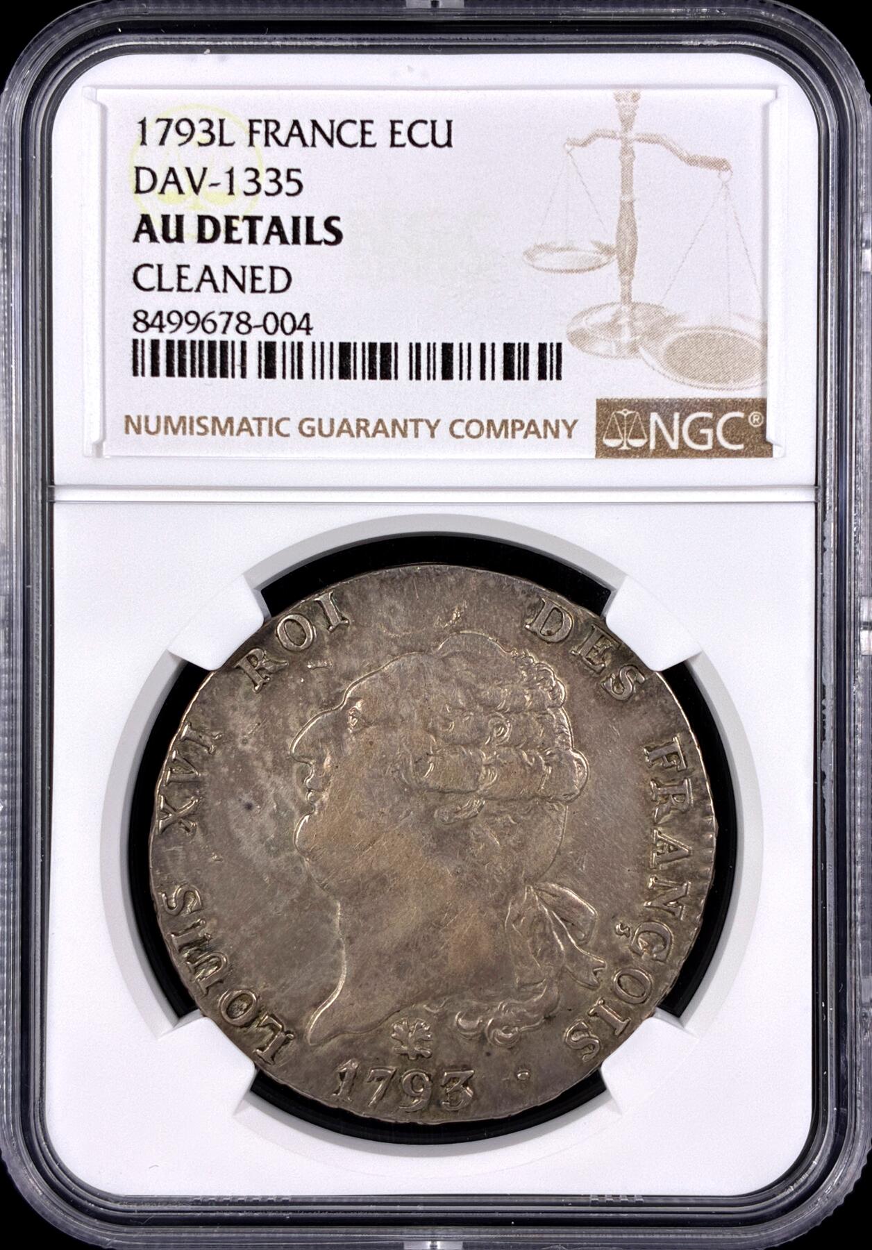 【雨安】【直播拍卖】【第0131期-评级币章】2026-04-04 周六 19:30 (金价1060, 银价18.08)  [评级法国] France 法国 1埃居 KM#0615 DAV-1335 路易十六 天使埃居 1793年L  NGC-AU 打制周正, 难得的无减重痕, L厂好版