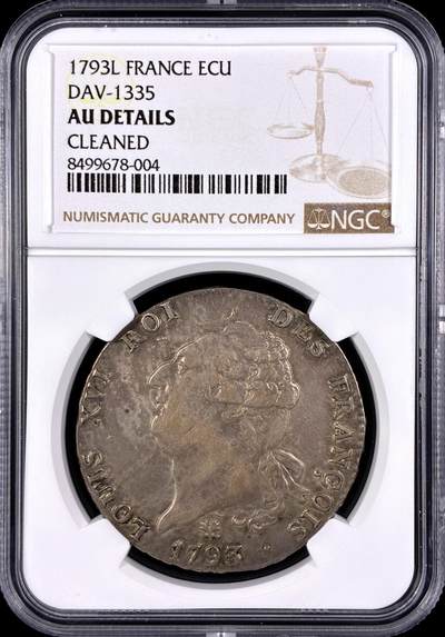 【雨安】【直播拍卖】【第0131期-评级币章】2026-04-04 周六 19:30 (金价1060, 银价18.08)  - [评级法国] France 法国 1埃居 KM#0615 DAV-1335 路易十六 天使埃居 1793年L  NGC-AU 打制周正, 难得的无减重痕, L厂好版