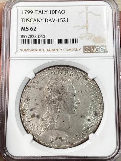 万国钱币拍卖第064期 - NGC MS62 1799年意大利托斯卡纳大公国费迪南三世10Paoli大银币 比萨厂铸造 正面为时任托斯卡纳大公的斐迪南三世肖像 下方是一头灵动的独角兽 背面为繁复精美托斯卡纳盾徽 十字转光底板欧陆淡彩环绕 极其舒适的原始收藏级状态